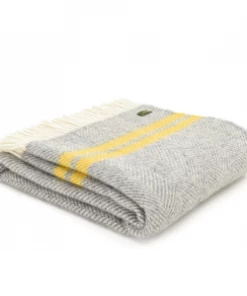Tweedmill Grey & Yellow Fishbone 2 Stripe Pure New Wool Throw 150cm x 183cm