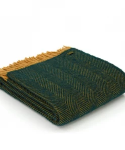 Tweedmill Emerald & Mustard Herringbone Pure New Wool Throw 150cm x 183cm
