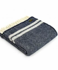 Tweedmill Navy & Silver Grey Fishbone 2 Stripe Pure New Wool Throw 150cm x 183cm