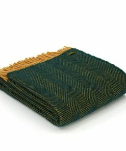 Tweedmill Emerald & Mustard Herringbone Pure New Wool Throw 150cm x 183cm