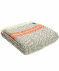 Tweedmill Grey & Pumpkin Fishbone 2 Stripe Pure New Wool Throw 150cm x 183cm