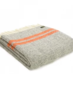 Tweedmill Grey & Pumpkin Fishbone 2 Stripe Pure New Wool Throw 150cm x 183cm