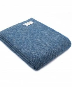 Tweedmill Ink Blue Pure New Wool Beehive Throw with Silver Grey Blanket Stitch Edge