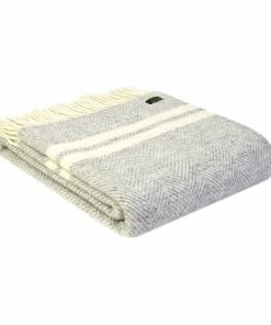 Tweedmill Silver Grey & Cream Fishbone 2 Stripe Pure New Wool Throw 150cm x 183cm