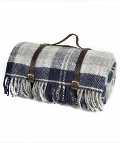 Tweedmill Navy Bannockbane Check Polo Picnic Rug with Waterproof Backing with Leather Straps
