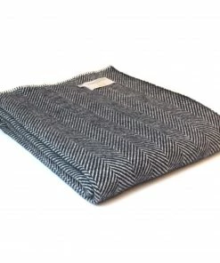 Tweedmill Navy Fishbone Pure New Wool Throw with Navy Blanket Stitch Edge