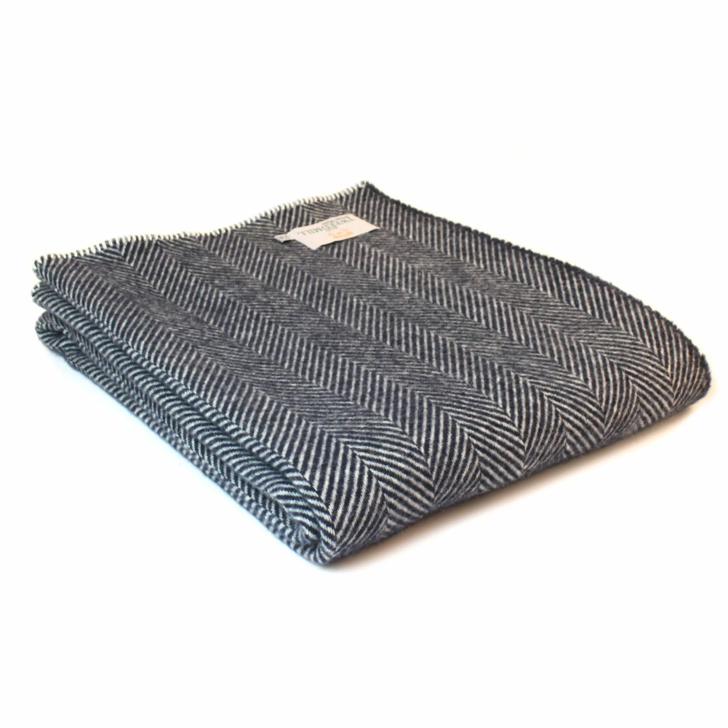 Tweedmill Navy Fishbone Pure New Wool Throw with Navy Blanket Stitch Edge 3 Tweedmill Navy Fishbone Pure New Wool Throw with Navy Blanket Stitch Edge