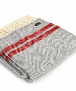 Tweedmill Silver Grey & Red Fishbone 2 Stripe Pure New Wool Throw 150cm x 183cm