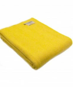 Tweedmill Dandelion Yellow Fishbone Pure New Wool Throw with Cream Blanket Stitch Edge